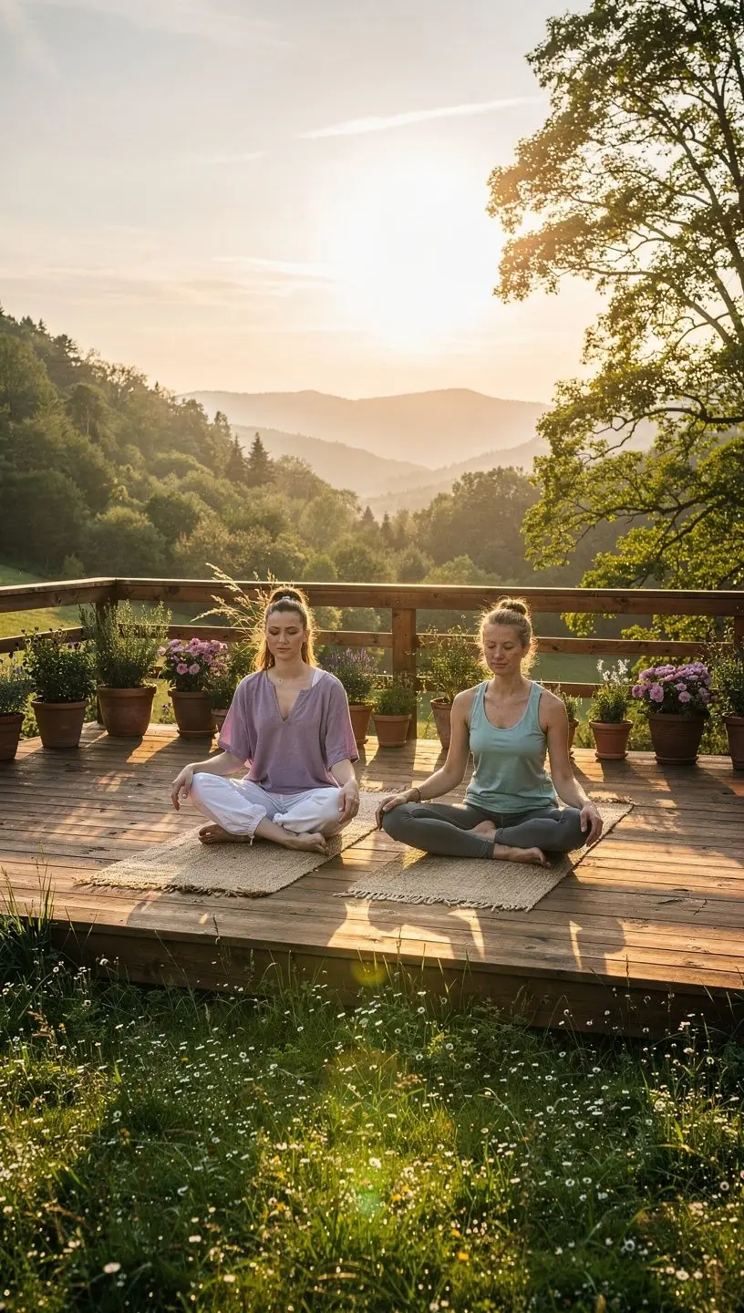 Meditācijas stūrītis ar mierīgu ainavu un dabiskiem elementiem